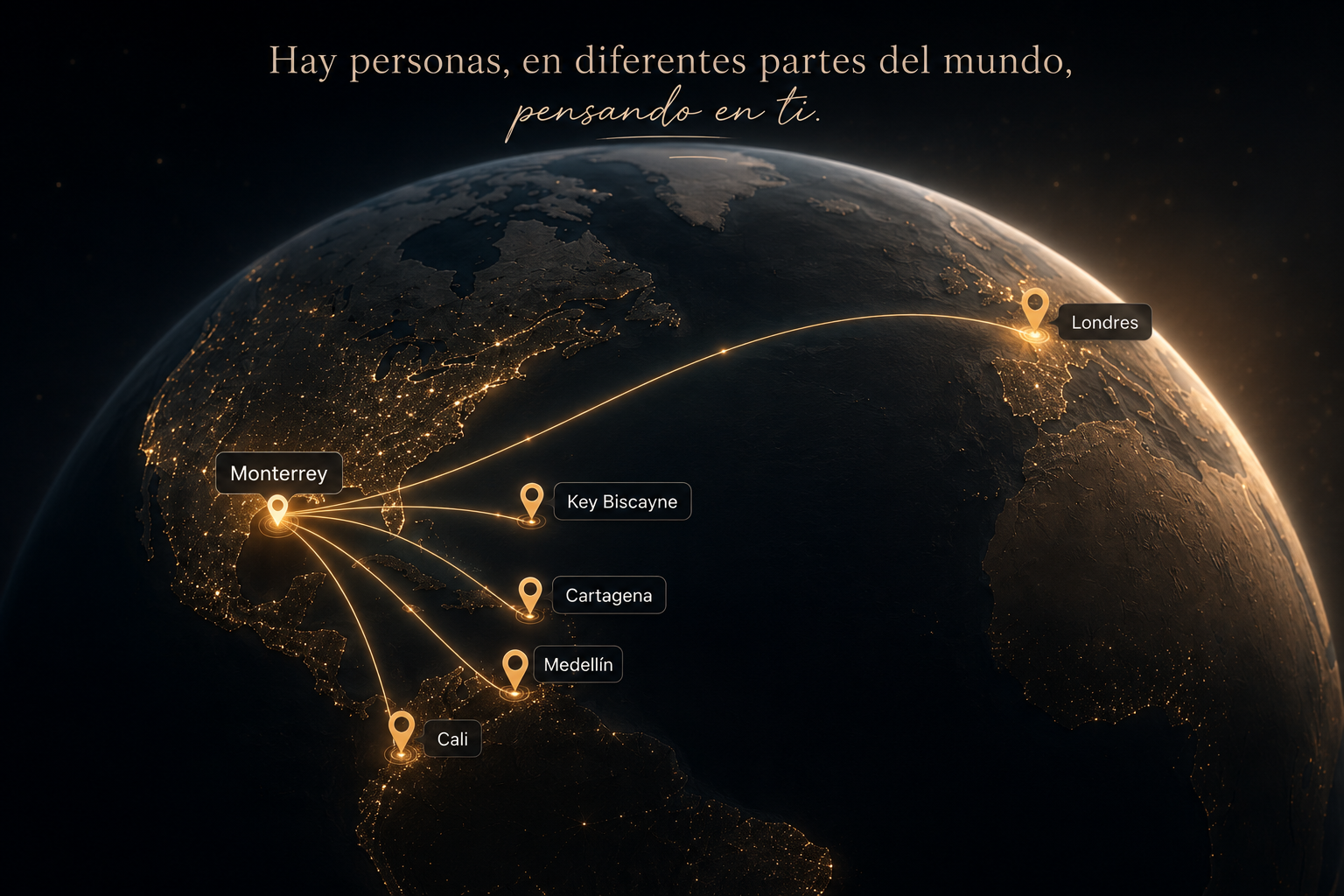 Mapa mostrando a Monterrey conectado con Londres, Cartagena, Medellín, Key Biscayne y Cali